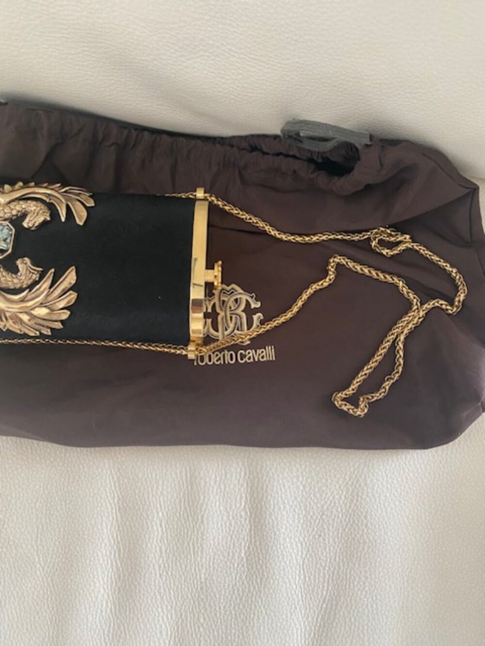 RARE ROBERTO CAVALLI DEA EMBELLISHED PONY-SKIN CLUTCH BLACK/GOLD TWIN GRIFFINS - Picture 5 of 9